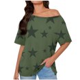 thumbnail image 1 of DeHolifer T-Shirts for Women Skew Collar Star Printed Off The Shoulder Short Sleeve Tee Tops Summer Trendy T-Shirts Army Green M, 1 of 6