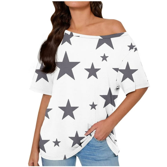 DeHolifer T-Shirts for Women Skew Collar Star Printed Off The Shoulder Short Sleeve Tee Tops Summer Trendy T-Shirts Gray L