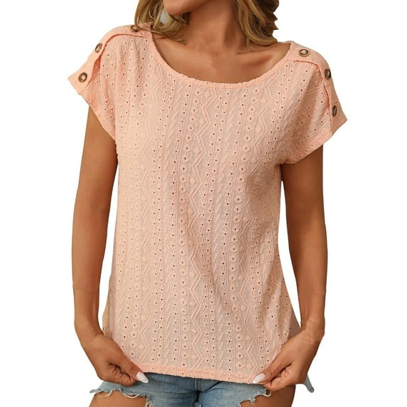 QQAMB T-Shirts for Women Solid Color Crewneck Hollow Out Button Loose Short Sleeve T-Shirts Tops Orange S