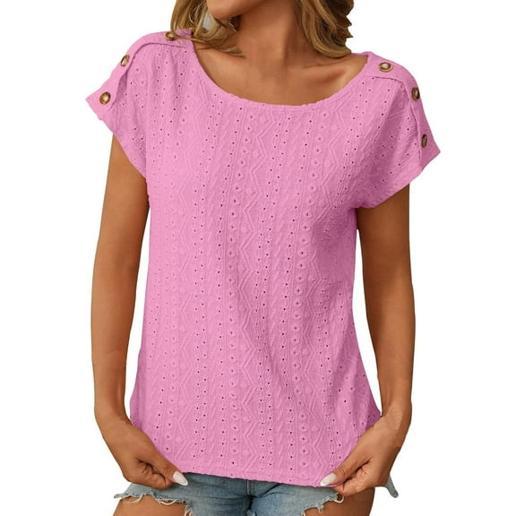 DeHolifer T-Shirts for Women Solid Color Crewneck Hollow Out Button Loose Short Sleeve T-Shirts Tops Pink S