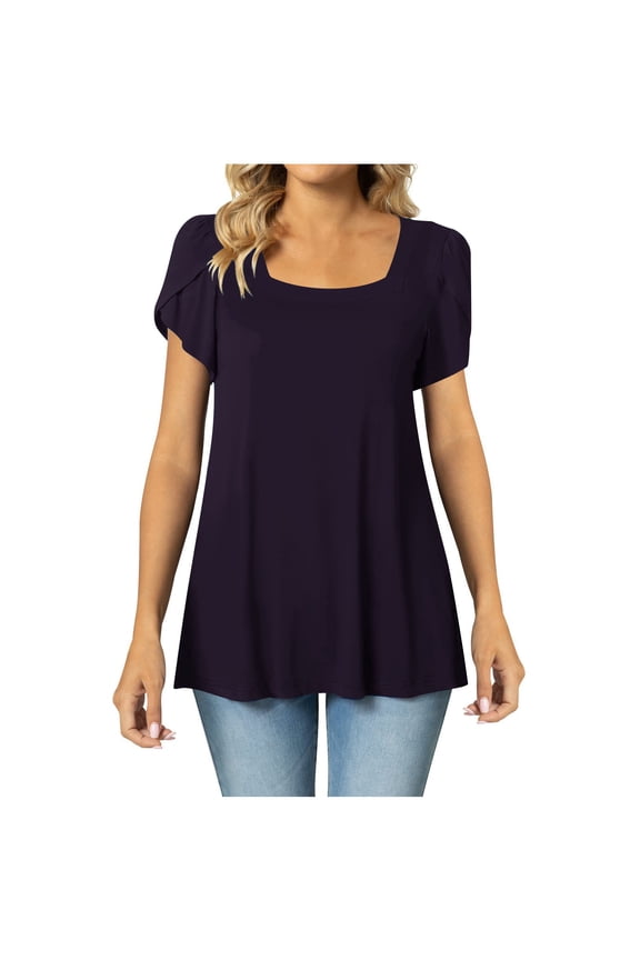 T-Shirts for Women Square Neck Solid Color Casual Lightweight Short Sleeve Tee Tops Purple M