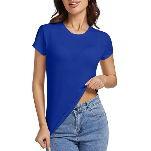 QQAMB T-Shirts for Women Summer Lightweight Crewneck Solid Color Short Sleeve Tee Tops Ladies Basic T-Shirts Blue L