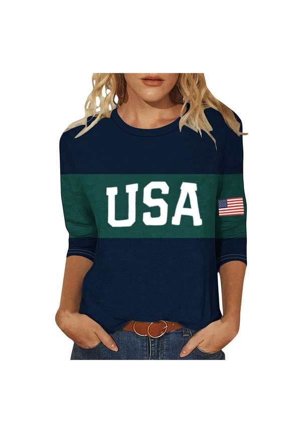 T-Shirts for Women USA Flag Graphic Printed Crewneck Casual 3/4 Sleeve Lightweight 4th of July Tee Tops Army Green S