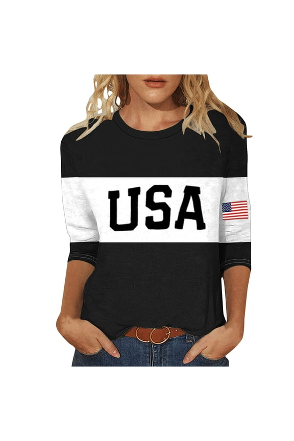 T-Shirts for Women USA Flag Graphic Printed Crewneck Casual 3/4 Sleeve Lightweight 4th of July Tee Tops Black XL