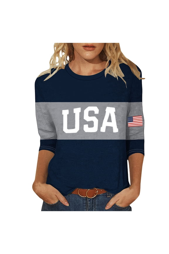 T-Shirts for Women USA Flag Graphic Printed Crewneck Casual 3/4 Sleeve Lightweight 4th of July Tee Tops Gray XL