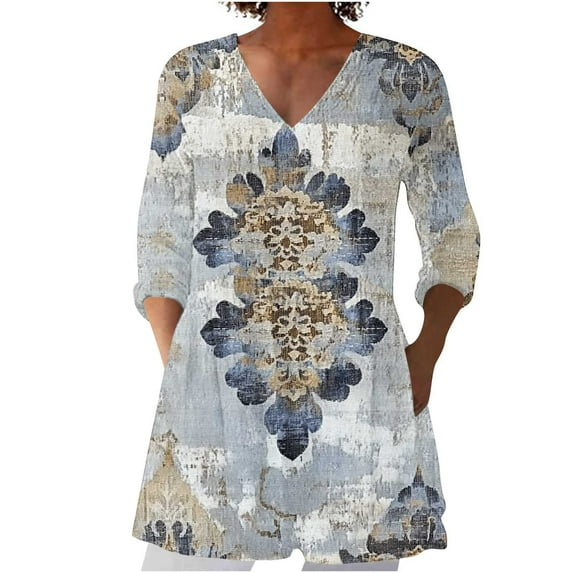 DeHolifer T-Shirts for Women V-Neck 3/4 Sleeve Floral Printed Loose Retro Tunic Tops Summer Trendy T-Shirts Multicolor 2XL