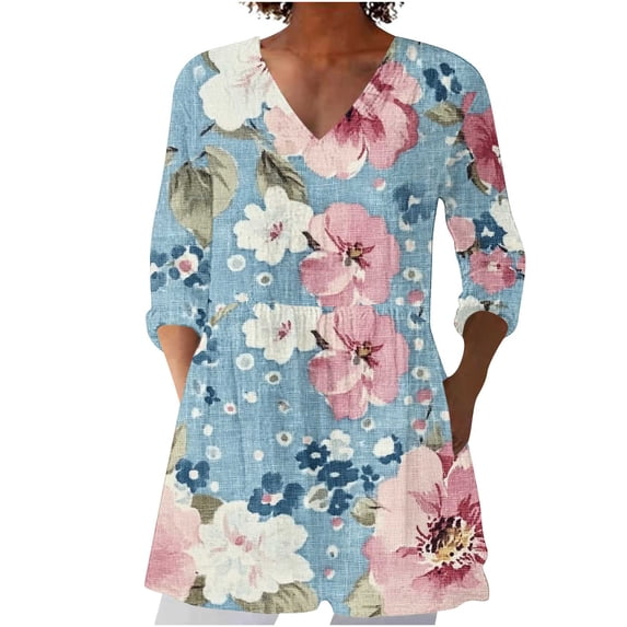 DeHolifer T-Shirts for Women V-Neck 3/4 Sleeve Floral Printed Loose Retro Tunic Tops Summer Trendy T-Shirts Multicolor M