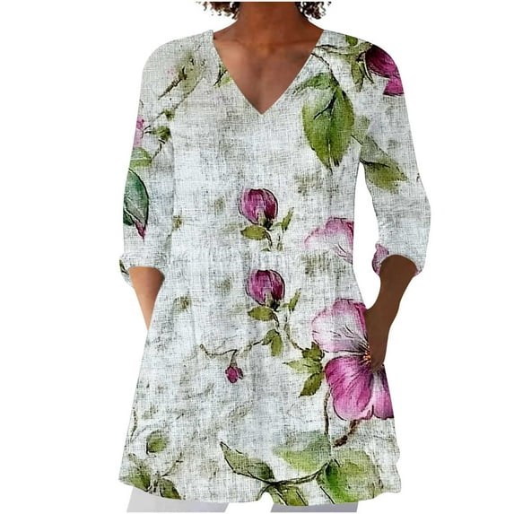 DeHolifer T-Shirts for Women V-Neck 3/4 Sleeve Floral Printed Loose Retro Tunic Tops Summer Trendy T-Shirts Multicolor M