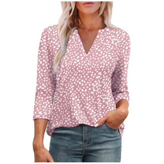 QQAMB T-Shirts for Women V-Neck 3/4 Sleeve Novelty Printed Casual Blouse Ladies Dressy Tunic Tops Pink 2XL
