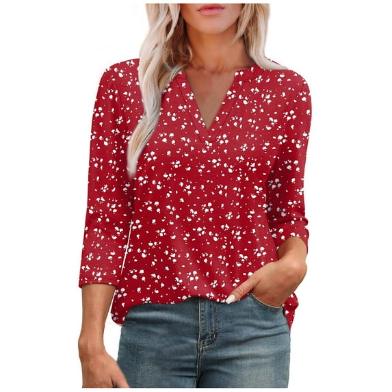 DeHolifer T-Shirts for Women V-Neck 3/4 Sleeve Novelty Printed Casual Blouse Ladies Dressy Tunic Tops Red S