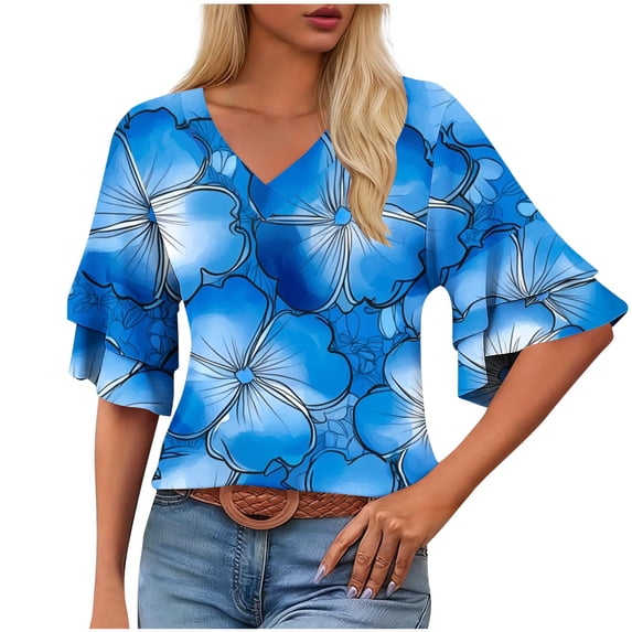 DeHolifer T-Shirts for Women V-Neck Camouflage Printed Ruffle Short Sleeve Summer Trendy Beach Lightweight Casual Tops Light Blue S