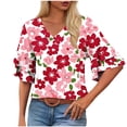 thumbnail image 1 of DeHolifer T-Shirts for Women V-Neck Camouflage Printed Ruffle Short Sleeve Summer Trendy Beach Lightweight Casual Tops Pink S, 1 of 7
