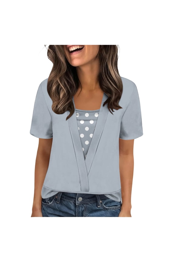 T-Shirts for Women V-Neck Fake Two Piece Casual Lightweight Summer Trendy Blouse Tops Gray M