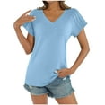 thumbnail image 1 of DeHolifer T-Shirts for Women V-Neck Solid Color Short Sleeve Pleated Summer Trendy Pullover T-Shirts Light Blue L, 1 of 8
