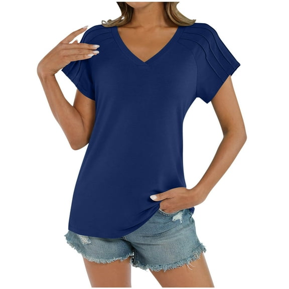 QQAMB T-Shirts for Women V-Neck Solid Color Short Sleeve Pleated Summer Trendy Pullover T-Shirts Navy L