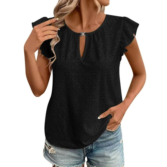 DeHolifer T-Shirts for Women V-Neck Solid Color Short Sleeve Ruffle Sleeve Lightweight Summer Tee Tops Black L