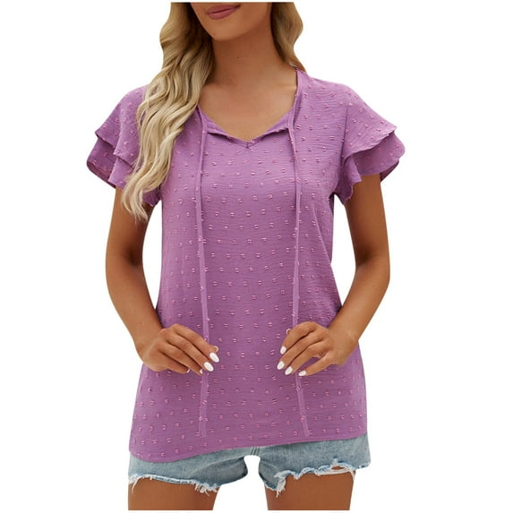 DeHolifer T-shirt for Women Short Sleeve Lotus Leaf Sleeve Crewneck Drawstring Solid Color T-shirt Summer Fashion Tunic Tops Purple 2XL