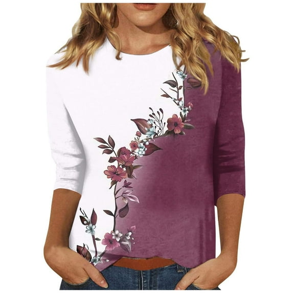 DeHolifer T-shirts for Women 3/4 Sleeve Floral Printed Crewneck T-shirts Loose Casual Fashion Blouse Tops Red XL