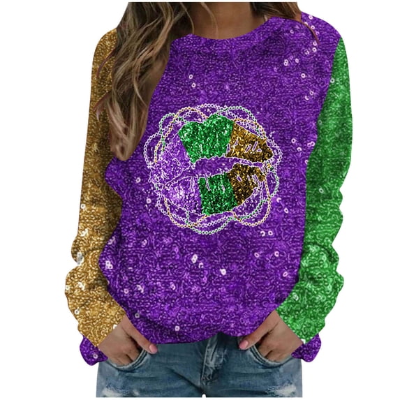 DeHolifer T-shirts for Women Mardi Gras Carnival Sequin Mask Printed Long Sleeve Round Neck Holiday Sweatshirts Loose Casual T-shirts Purple M