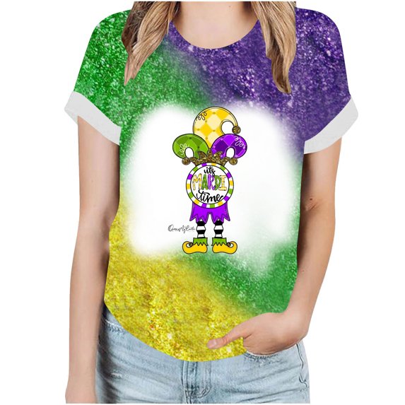 DeHolifer T-shirts for Women Plus Size Short Sleeve Mardi Gras Printed Round Neck Tee T-shirts Loose Casual Fashion Blouse Tops Multicolor 2XL