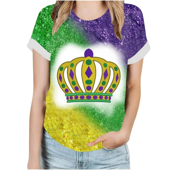 DeHolifer T-shirts for Women Plus Size Short Sleeve Mardi Gras Printed Round Neck Tee T-shirts Loose Casual Fashion Blouse Tops Multicolor 4XL