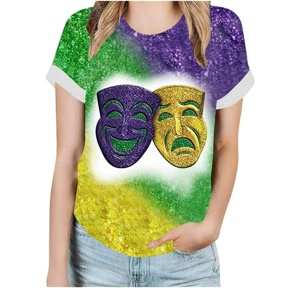 DeHolifer T-shirts for Women Plus Size Short Sleeve Mardi Gras Printed Round Neck Tee T-shirts Loose Casual Fashion Blouse Tops Multicolor 5XL