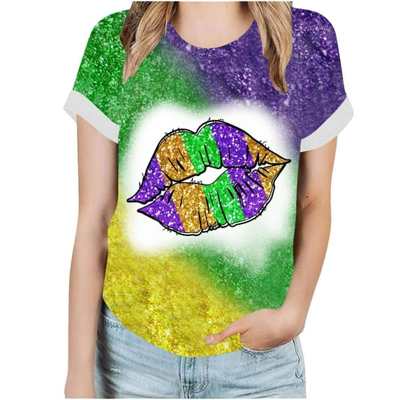 DeHolifer T-shirts for Women Plus Size Short Sleeve Mardi Gras Printed Round Neck Tee T-shirts Loose Casual Fashion Blouse Tops Multicolor L