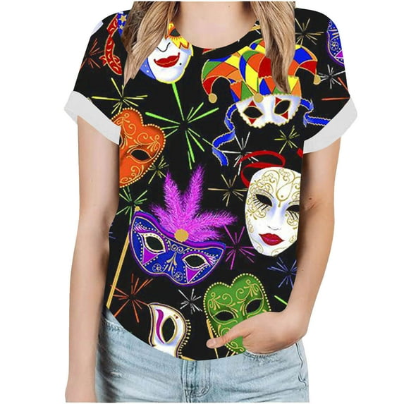 DeHolifer T-shirts for Women Plus Size Short Sleeve Mardi Gras Printed Round Neck Tee T-shirts Loose Casual Fashion Blouse Tops Multicolor XL