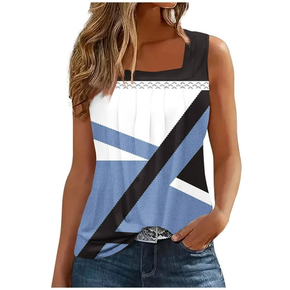QQAMB Tank Top for Women Color Block Square Neck Sleeveless Tank Top Summer Loose Fashion Blouse Sky Blue M