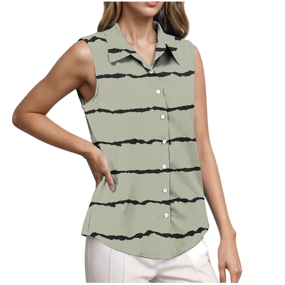 DeHolifer Tank Tops for Women Strip Summer Trendy Lapel Collar Button Down Blouse Loose Sleeveless Dressy Casual Shirts Gray M