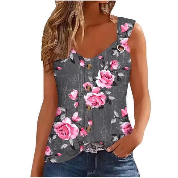 DeHolifer Tank Tops for Women Summer V-Neck Button Floral Printed Sleeveless Blouse Loose Lightweight Tank Tops Gray S