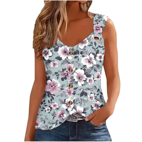 QQAMB Tank Tops for Women Summer V-Neck Button Floral Printed Sleeveless Blouse Loose Lightweight Tank Tops Gray XL