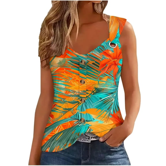 DeHolifer Tank Tops for Women Summer V-Neck Button Floral Printed Sleeveless Blouse Loose Lightweight Tank Tops Green L