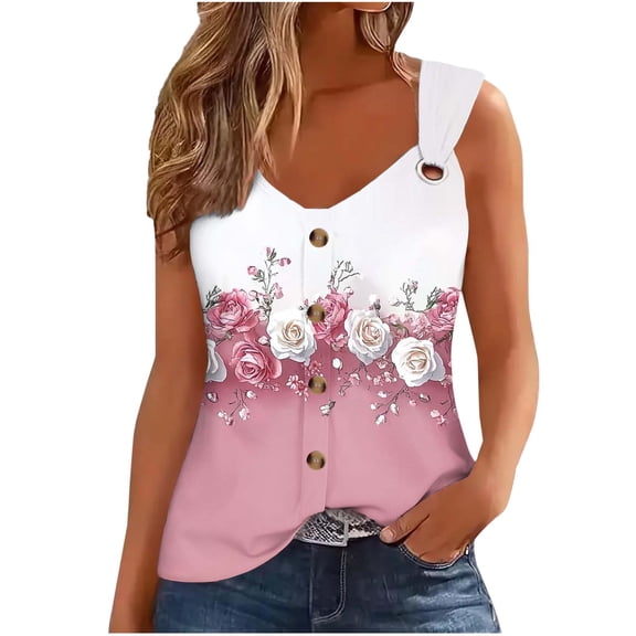 DeHolifer Tank Tops for Women Summer V-Neck Button Floral Printed Sleeveless Blouse Loose Lightweight Tank Tops Pink 2XL