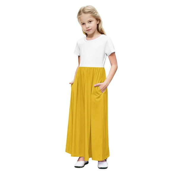 DeHolifer Toddler Girls Dresses Splicing Color Crewneck Short Sleeve Stretchy A-Line Long Dresses with Pocket,13 Years