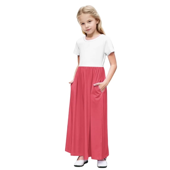 DeHolifer Toddler Girls Dresses Splicing Color Crewneck Short Sleeve Stretchy A-Line Long Dresses with Pocket,7 Years