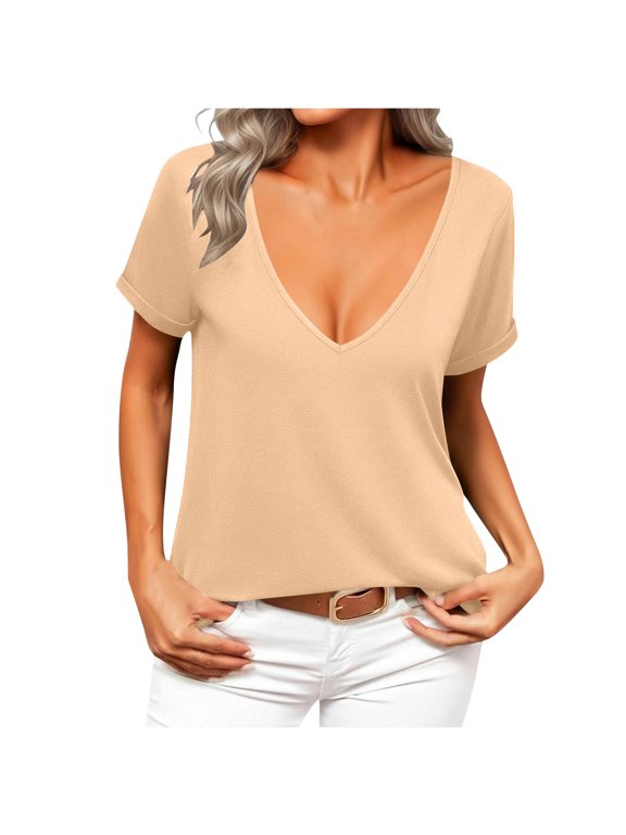 Tops for Women Deep V-Neck Shirts Summer Low Cut Top Short Sleeve Trendy T-Shirts Khaki XL