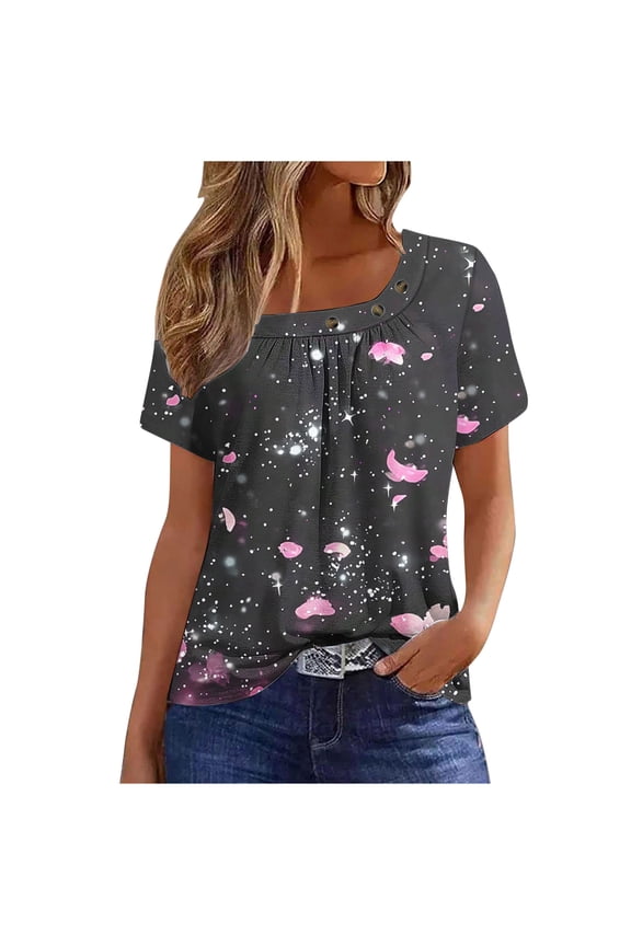 Tops for Women Floral Print Square Neck Blouse Casual Loose Pleated T-Shirts Beach Vacation Summer Tops Pink 3XL