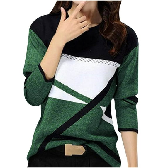 DeHolifer Tops for Women Long Sleeve Crewneck Color Block Pullover Tops Plus Size Fall Casual Fashion Blouse Green 4XL
