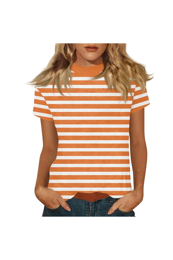 Tops for Women Mock Neck Boho Casual Strip Printed T-Shirts Vacation Summer Blouses Short Sleeve Tops Orange L