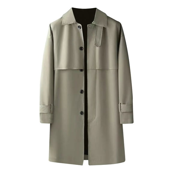 DeHolifer Trench Coat for Men Solid Color Long Sleeve Turndown Collar Button Mid-Length Winer Warm Trench Coat Khaki XL