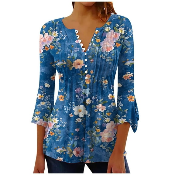 DeHolifer Tunic Tops for Women Button Down Shirt Floral Print Summer Tops Dressy Casual Bell 3/4 Sleeve Blouses Henley V Neck Fall Ladies T Shirts Blue M