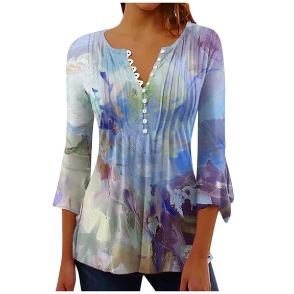 DeHolifer Tunic Tops for Women Button Down Shirt Floral Print Summer Tops Dressy Casual Bell 3/4 Sleeve Blouses Henley V Neck Fall Ladies T Shirts Blue S