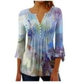 thumbnail image 1 of QQAMB Tunic Tops for Women Button Down Shirt Floral Print Summer Tops Dressy Casual Bell 3/4 Sleeve Blouses Henley V Neck Fall Ladies T Shirts Blue XXL, 1 of 4
