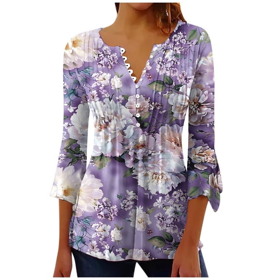 QQAMB Tunic Tops for Women Button Down Shirt Floral Print Summer Tops Dressy Casual Bell 3/4 Sleeve Blouses Henley V Neck Fall Ladies T Shirts Pink XXL