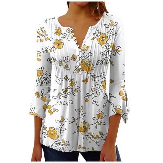 DeHolifer Tunic Tops for Women Button Down Shirt Floral Print Summer Tops Dressy Casual Bell 3/4 Sleeve Blouses Henley V Neck Fall Ladies T Shirts Yellow XL