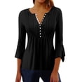 thumbnail image 1 of DeHolifer Tunic Tops for Women 3/4 Sleeve Solid Color V-Neck Button Hollow Out Blouse Tops Black XL, 1 of 4