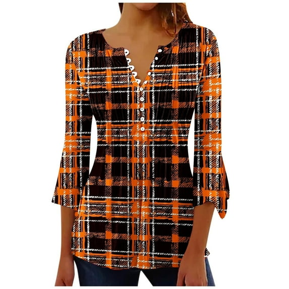 QQAMB Tunic Tops for Women V-Neck Button 3/4 Sleeve Plaid Printed Loose Dressy Blouse T-Shirts Orange S