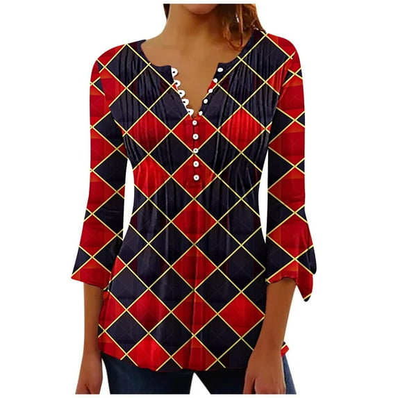 QQAMB Tunic Tops for Women V-Neck Button 3/4 Sleeve Plaid Printed Loose Dressy Blouse T-Shirts Red 2XL