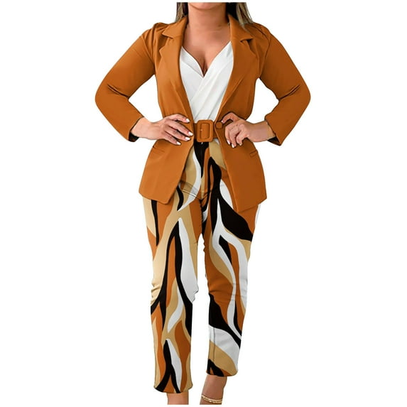 DeHolifer Two Piece Outfits for Women Long Sleeve Notched Collar Blazers Long Pants Sets Business Office Sets with Belt Coffee 2XL